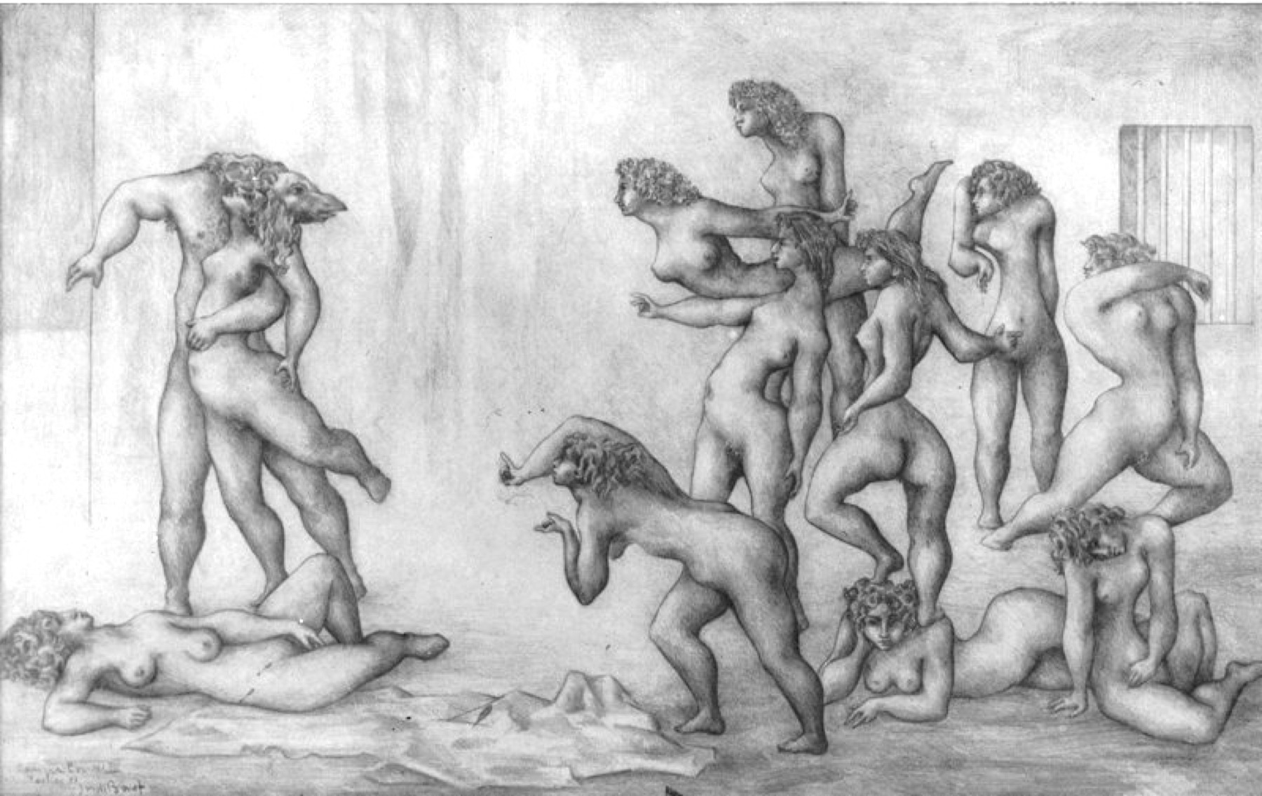 Dessin monochrome de Jordi Bonet représentant un groupe de figures