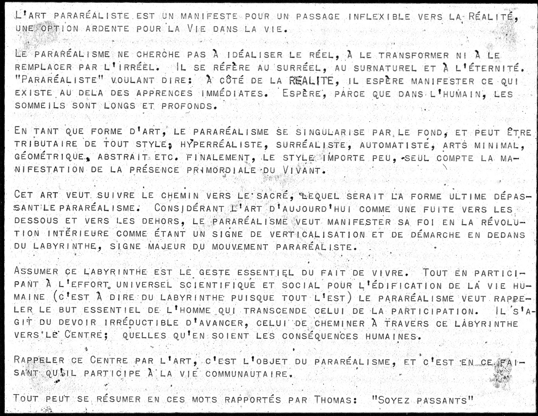 Document historique du manifeste pararéaliste associé à Jordi Bonet